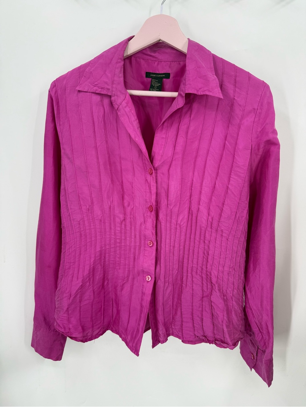 Anne Carson silk Fuchsia pin-tuck Pleated Button-Front blouse L